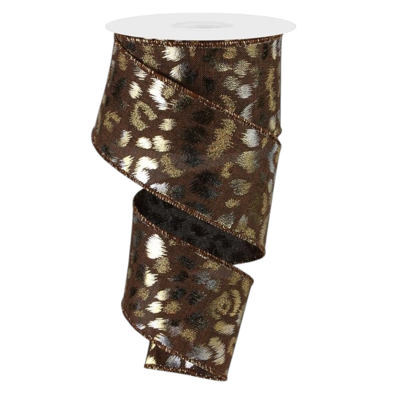 RG Ribbon: 2.5" Brown Leopard Print Ribbon with Glitter and Metallic Spots for Bows, Wreaths, Gift Wrap, Crafts and Decorations - Christmas / Valentine's Day